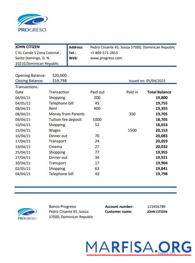 Realistic Dominican Republic Progreso bank statement excel download for verification